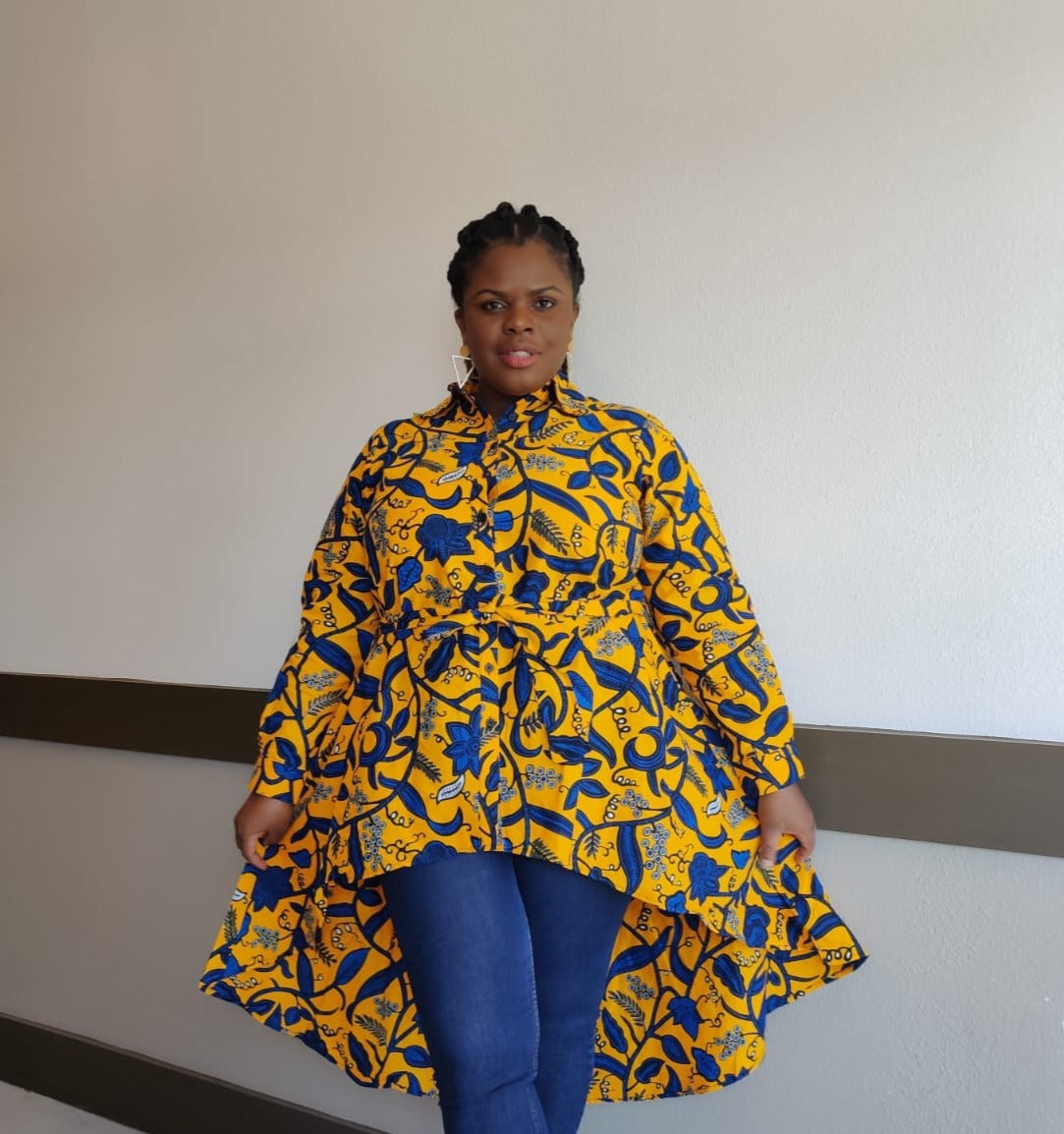 Kente African Print High Low Button up Shirt (Blue Yellow )