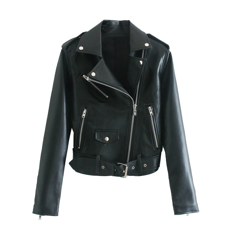 Women's Belted Motorcycle Jacket - Street Hipster Faux Leather Coat with Suit Collar (Black/Purple/Beige, XS-L)