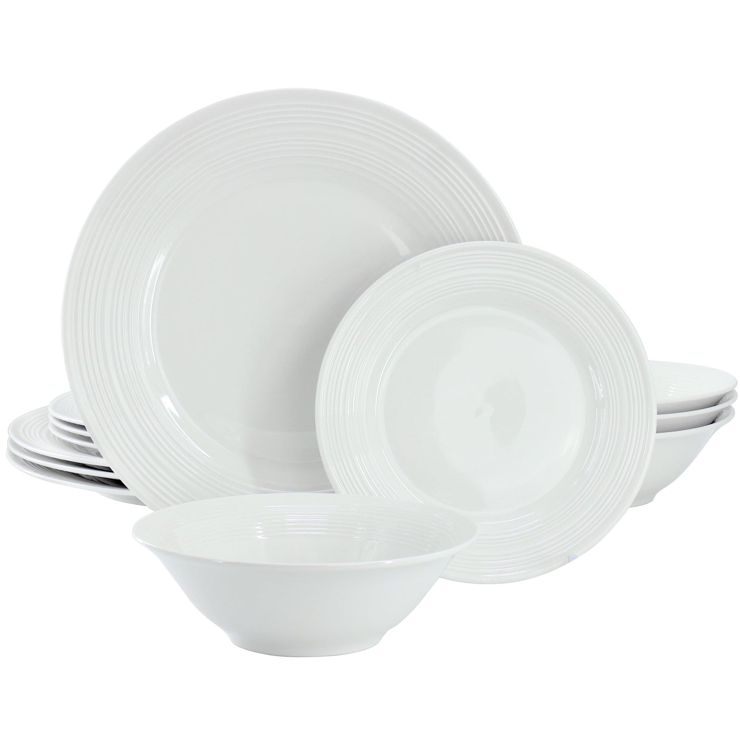 Gibson Home Everyday Embossed 12 Piece Round Ceramic Dinnerware Set in White