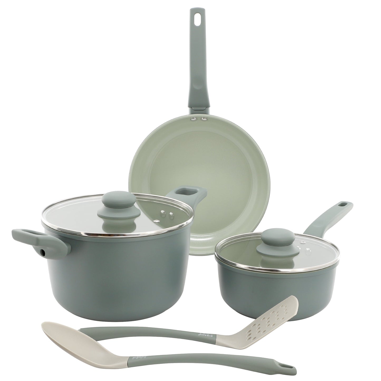 Gibson Home Barnsdall 7 Piece Ceramic Nonstick Aluminum Cookware Set in Sage Green