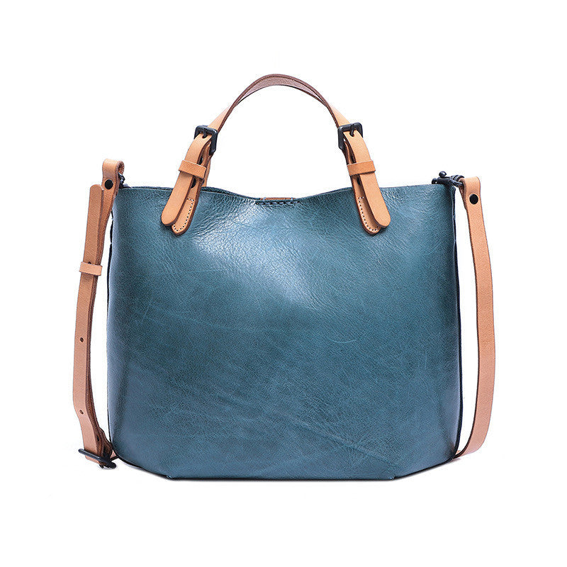 Vintage First-Layer Cowhide Mother & Child Handbag - Retro Dumpling-Style Leather Tote with Genuine Leather Lining (30x26x11cm)Vintage First-Layer Cowhide Mother & Child Handbag - Retro Dumpling-Style Leather Tote with Genuine Leather Lining (30x26x11cm)