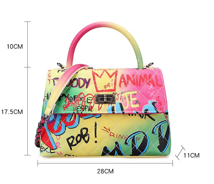 LadyShow Graffiti Print Handbag for Women - PU Leather Artistic Letter Print Shoulder Bag with Lock Closure (Medium-Soft, Hard Handle)