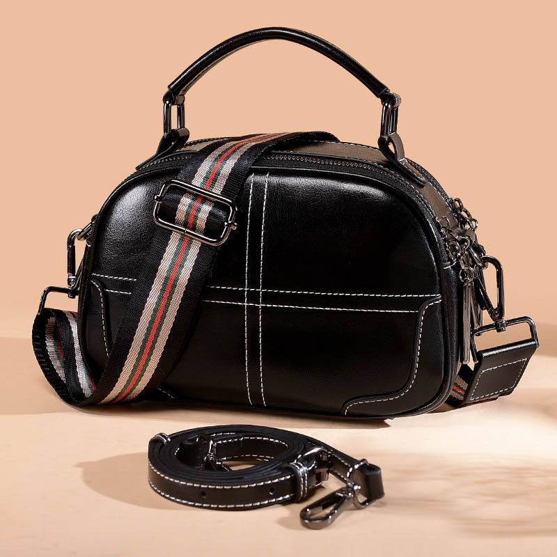 Classic Leather Handbag for Women - Round Two-Layer Cowhide Purse with Double Soft Handles (Wine Red/Black/Brown, 21x18.5x9cm)