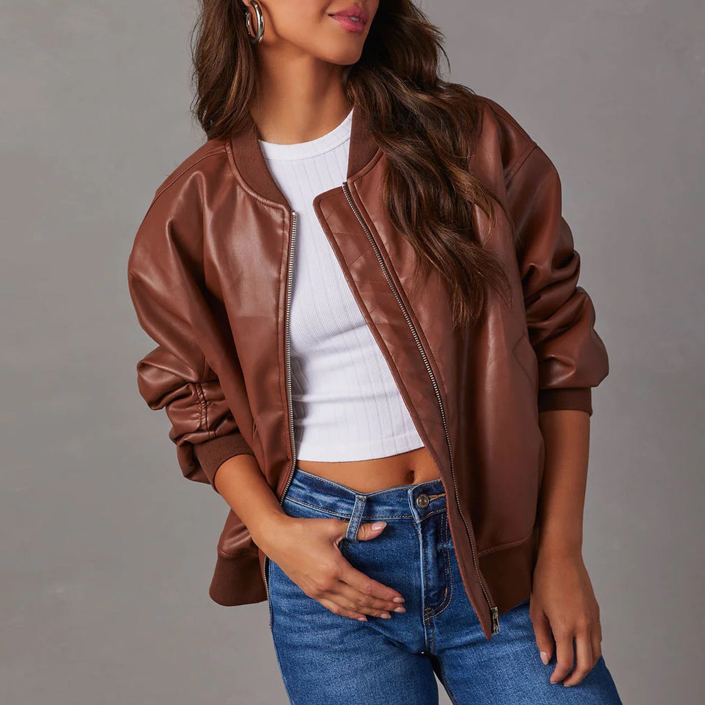 Women's Leather-Look Baseball Jacket - Long Sleeve Motorcycle Style Coat (Black/White/Brown, S-XL)