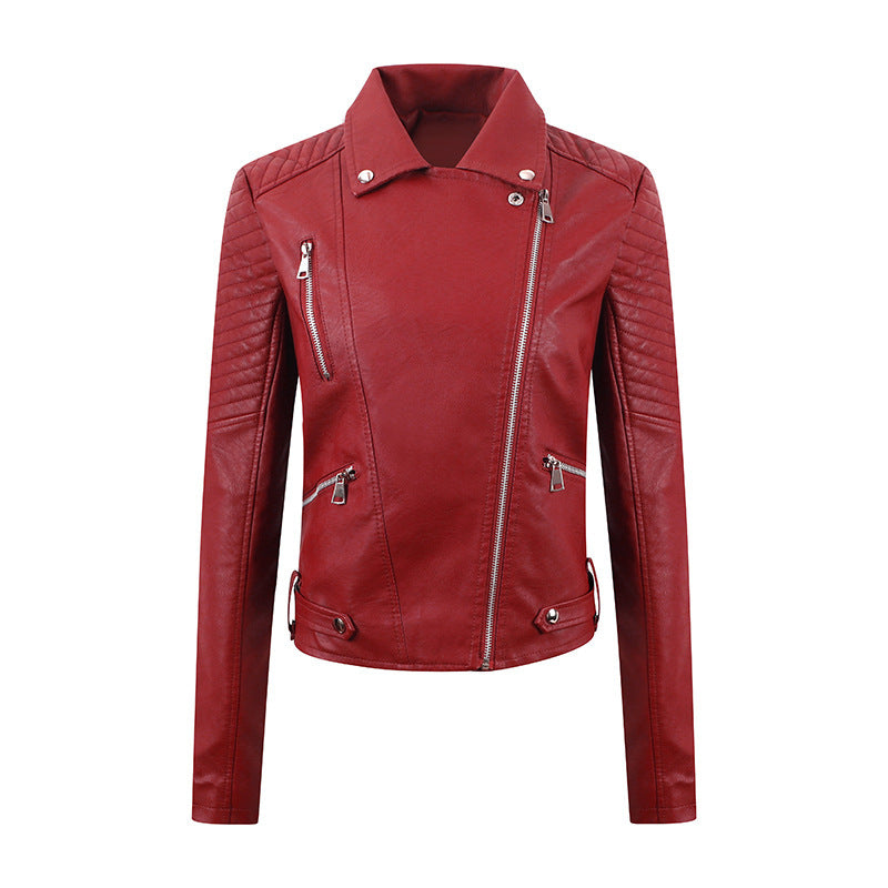 Women's Distressed PU Motorcycle Jacket - Slim Fit Biker Coat with Adjustable Belt (Black/Chocolate/Wine Red/Milky White, M-XXL)