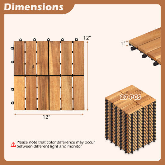 12 x 12 Inch 54 Pieces Acacia Wood Interlocking Deck Tiles with Waterproof Design-Natural