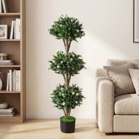 51" Artificial Triple Ball Boxwood Topiary Tree with 59 Blossoms Set of 2-Purple
