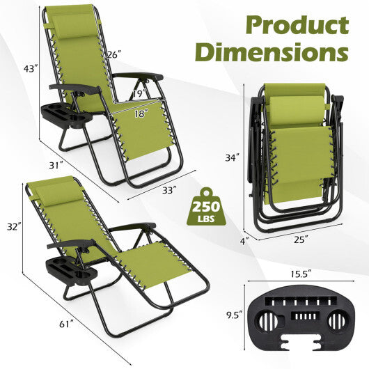 Set of 2 Portable Zero Gravity Chairs with Cup Holder Trays and Backrest -Green