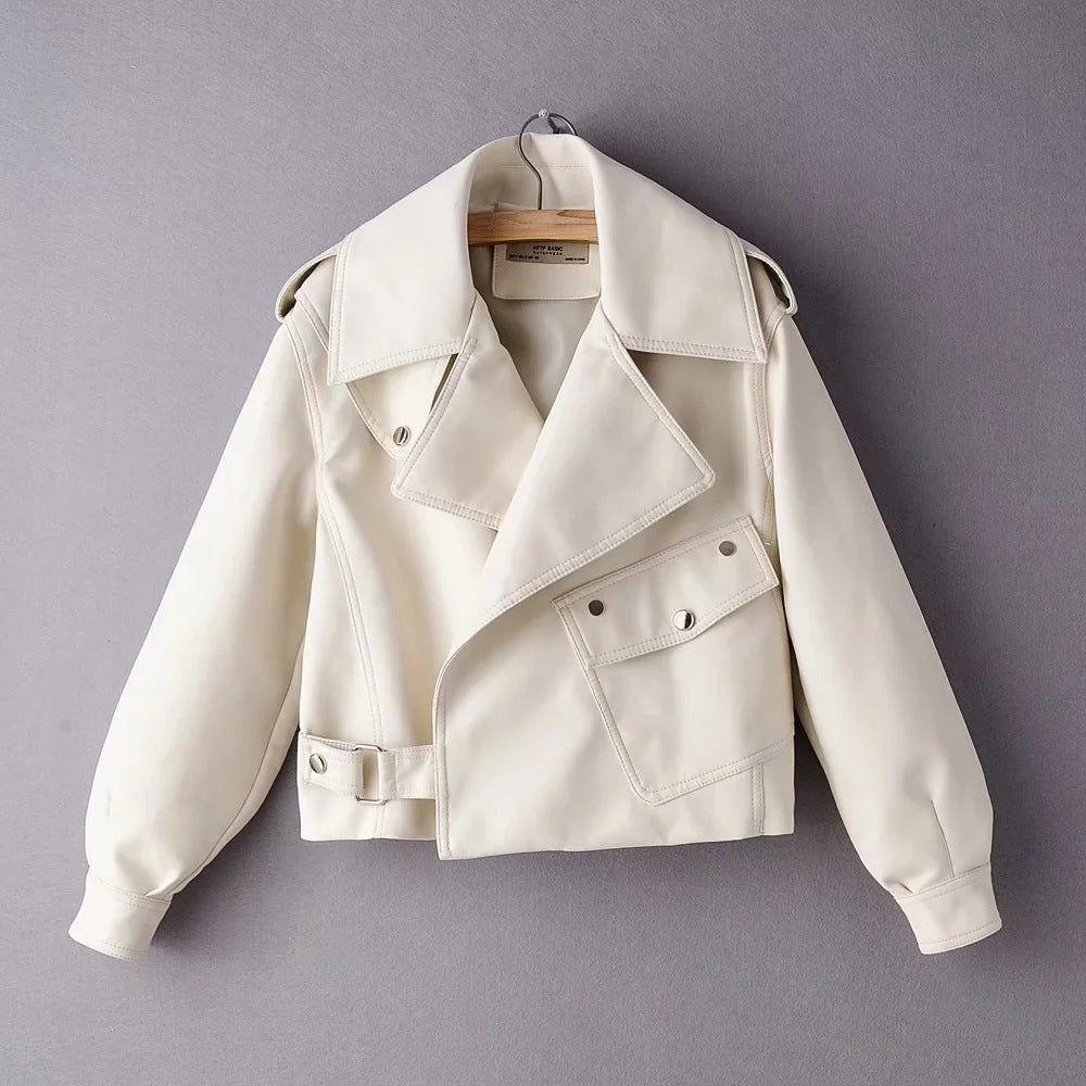 Women's PU Leather Motorcycle Jacket - Lapel Collar Street Style Biker Jacket (50-65cm Length)