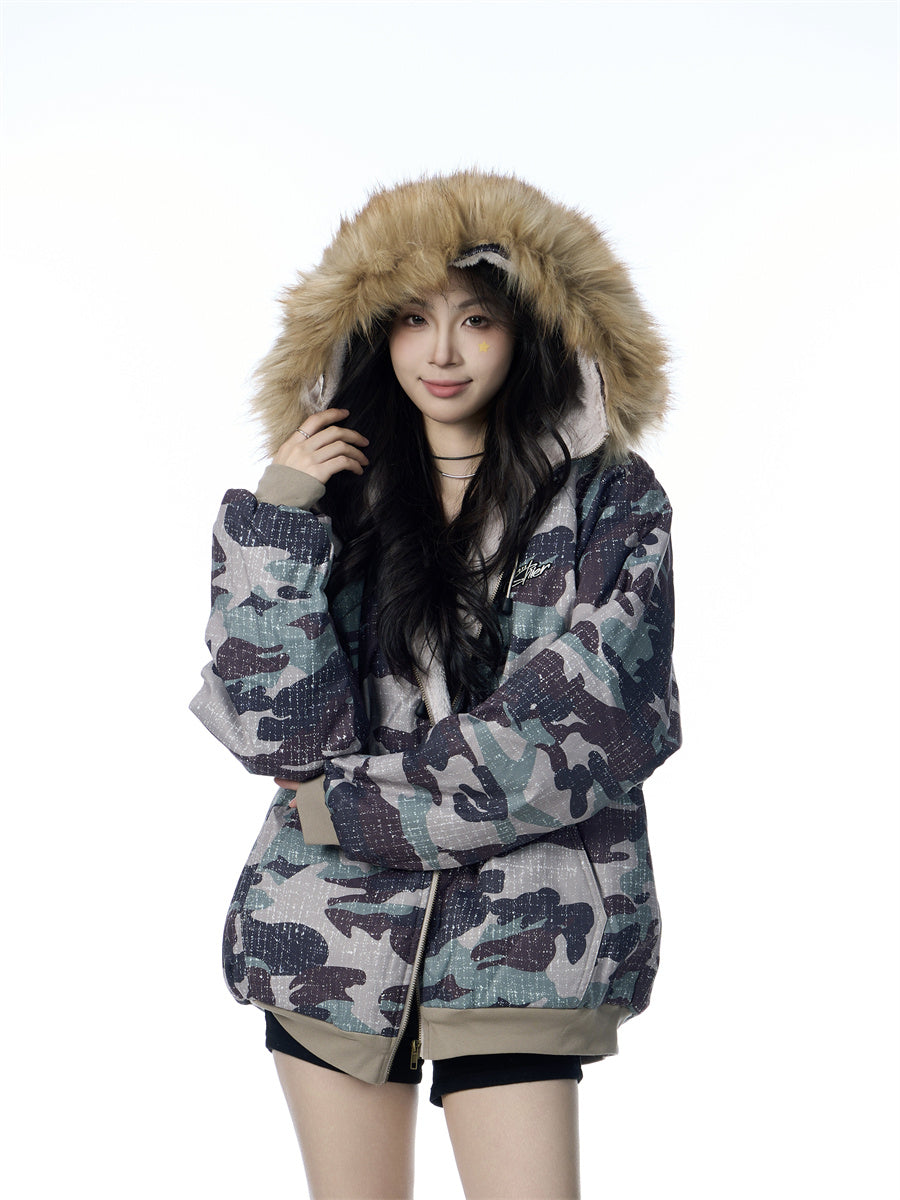 American Vintage Army Green Camouflage Fur Collar Hood Jacket