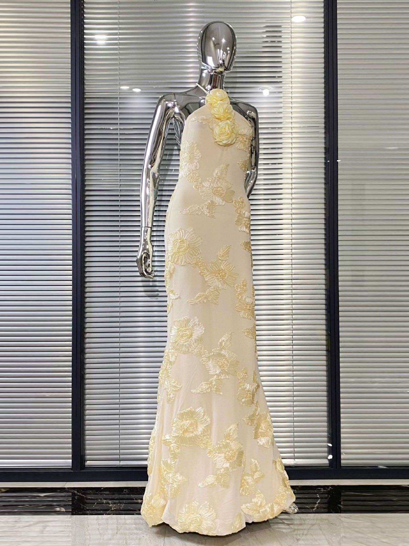 Cream Floral Halter Neck Mermaid Gown