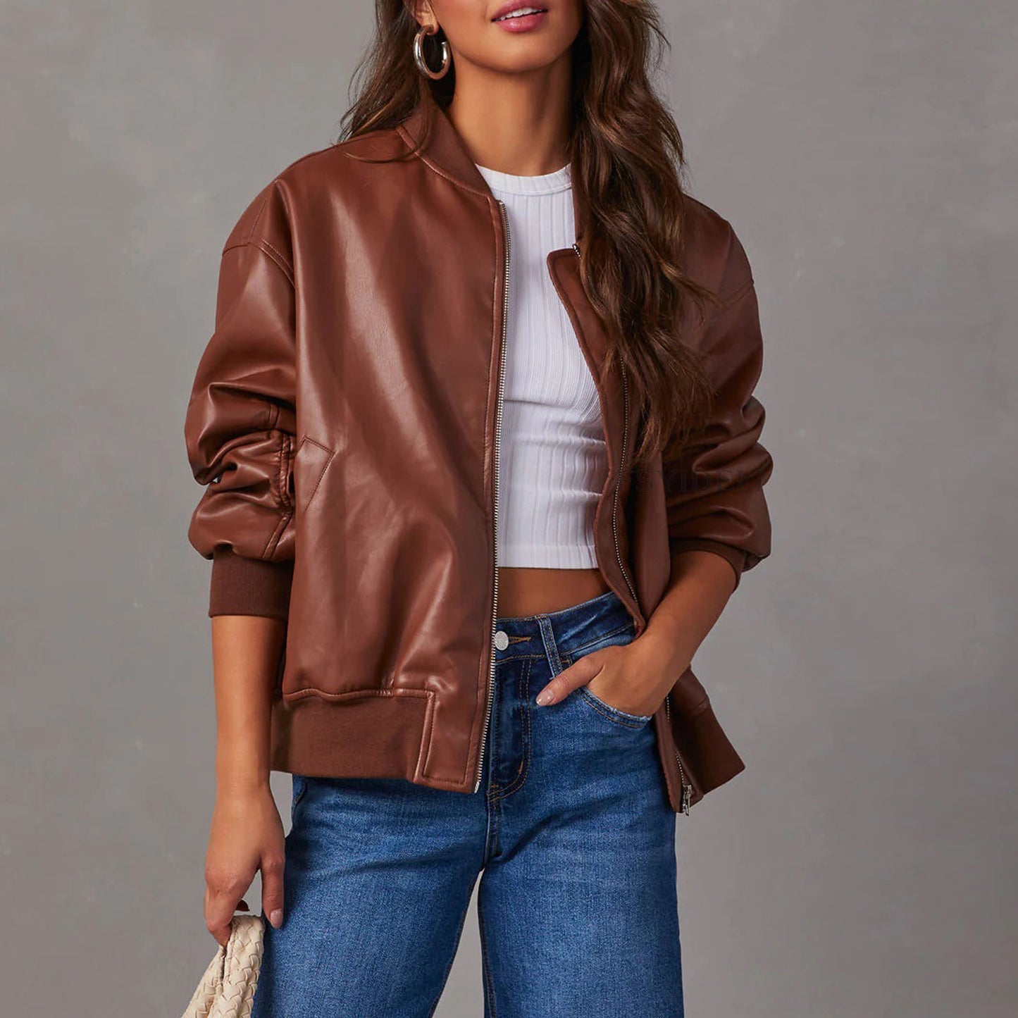 Women's Leather-Look Baseball Jacket - Long Sleeve Motorcycle Style Coat (Black/White/Brown, S-XL)