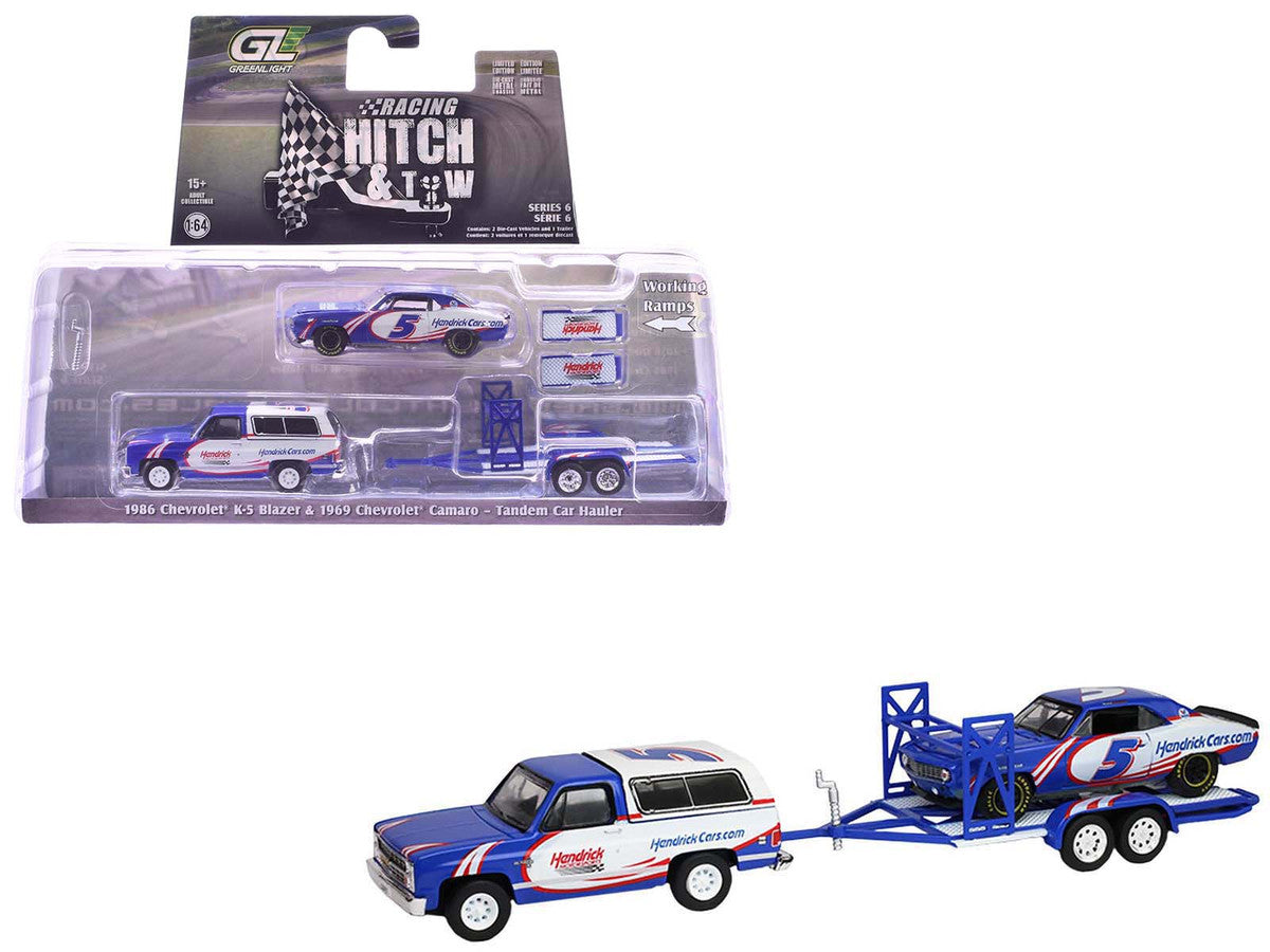 1986 Chevrolet K5 Blazer Blue and White and 1969 Chevrolet Camaro #5 Blue and White "Kyle Larson - Hendrick Motorsports" with Tandem Car Trailer "Racing Hitch & Tow" Series 6 1/64 Diecast Model Cars by Greenlight
