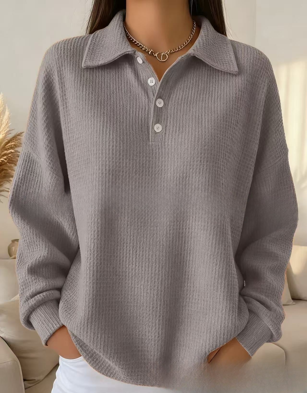 Loose Solid Color Versatile Lapel Polo Shirt Waffle Long Sleeve