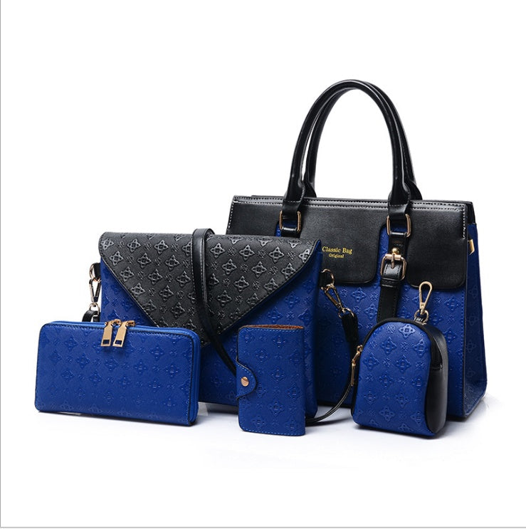 Luxury PU Leather Handbag Set for Women - Black Multi-Functional Crossbody Bags with Zip Pockets (Black/Gold/Blue/White Accents)
