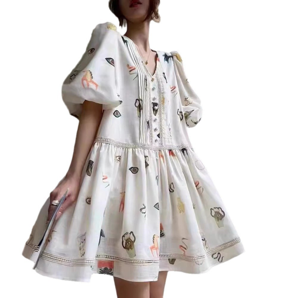Women's Lace Retro Loose French Print Puff Sleeve Dress
