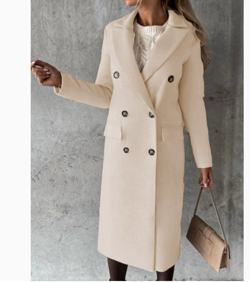 Double Breasted Lapel Coat Winter Fashion Solid Slim Long Jacket Long Sleeve Tops Womens Clothing