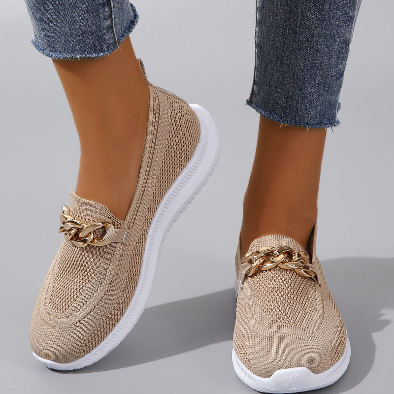 Women's Mesh Sports Walking Shoes - Breathable Flyknit Athletic Shoes with Medium Heel (3-5cm) in Apricot/White/Black (Sizes 36-42)