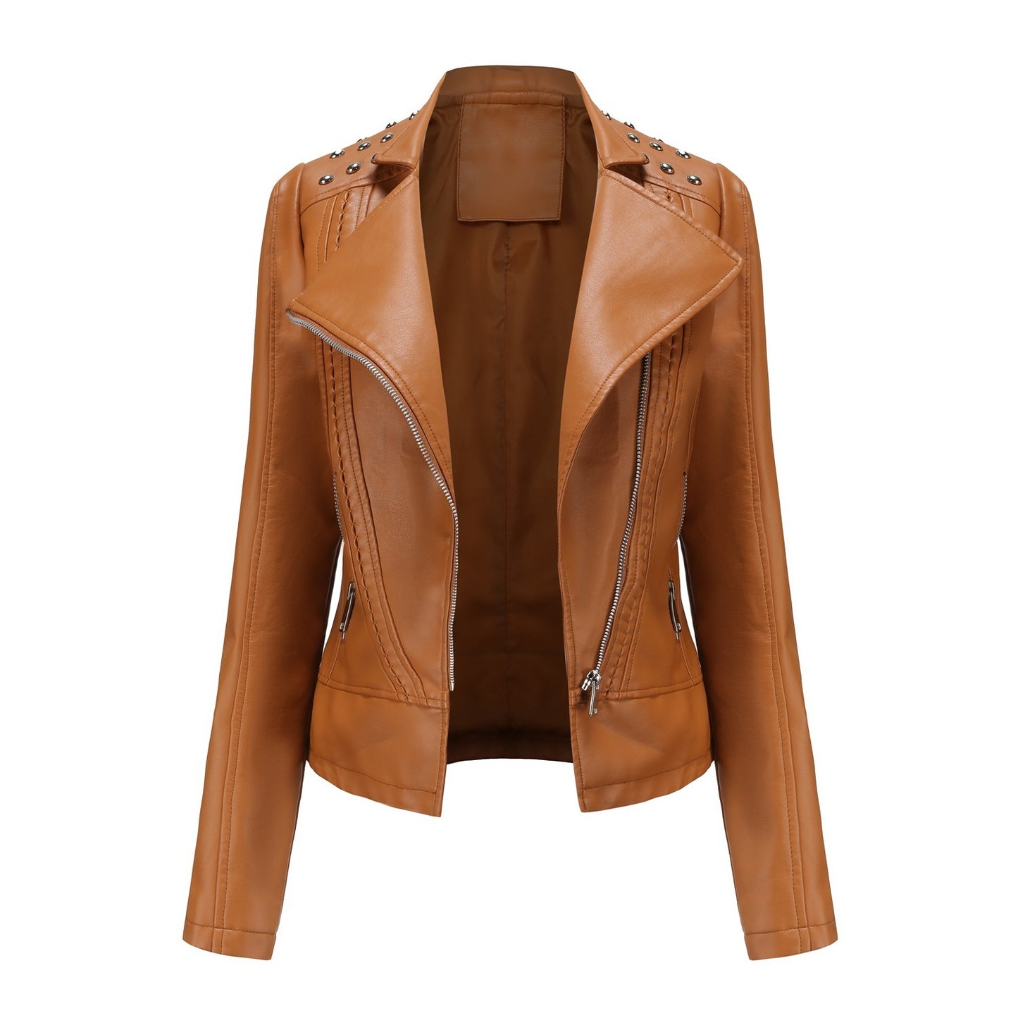Women's Beaded Faux Leather Jacket - Long Sleeve Street Fashion Motorcycle Coat (Black/Red/Purple/Pink/Camel/Beige, XS-XXL)