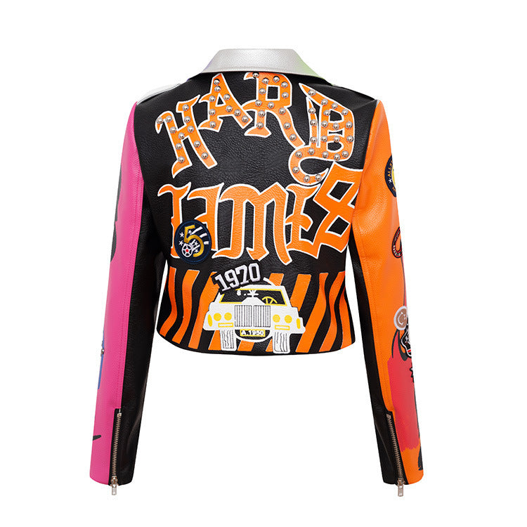 Punk Style Graffiti Printed Motorcycle Jacket for Women - Faux Leather Biker Coat with Beads & Rivets (Silver, S-XXXL)