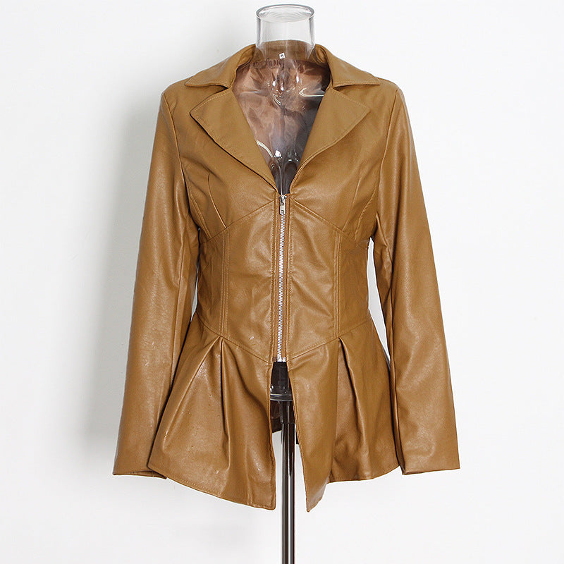 Women's Ruffled Hem PU Leather Jacket - Slim-Fit Motorcycle Style Coat with Suit Collar (Polyester/Spandex Blend)