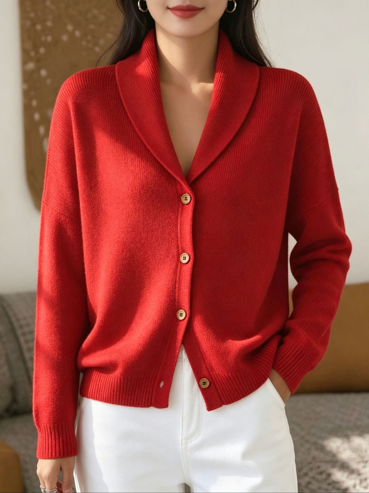 Womens Knitted Cardigan Loose-Fit Lazy Style Soft And Cozy Notch Lapel Solid Color Long-Sleeve Sweater