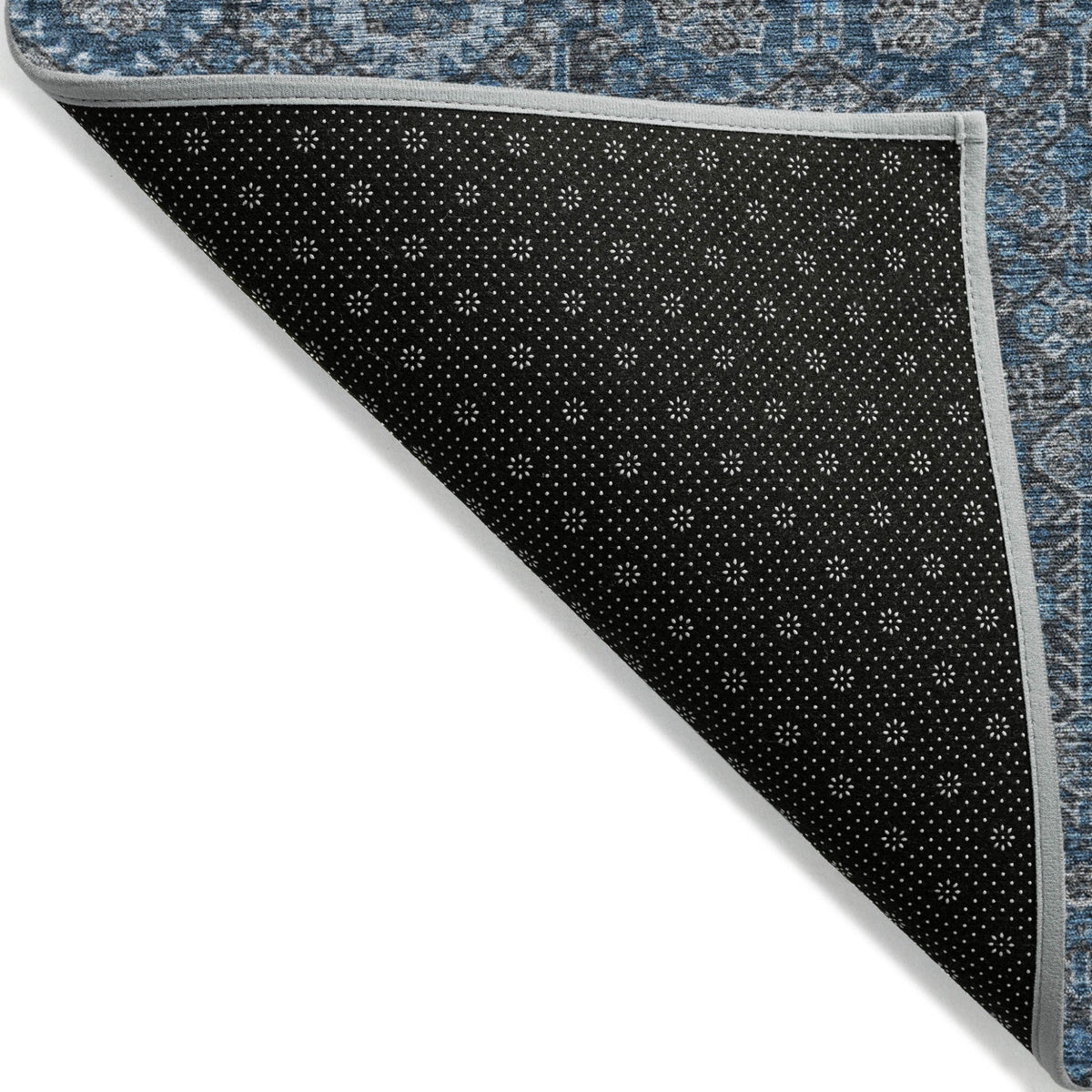 8' Runner Blue and Black Floral Washable Non Skid Indoor Outdoor Runner Rug