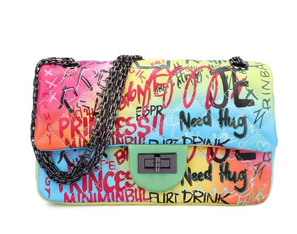 LadyShow Graffiti Print Handbag for Women - PU Leather Artistic Letter Print Shoulder Bag with Lock Closure (Medium-Soft, Hard Handle)