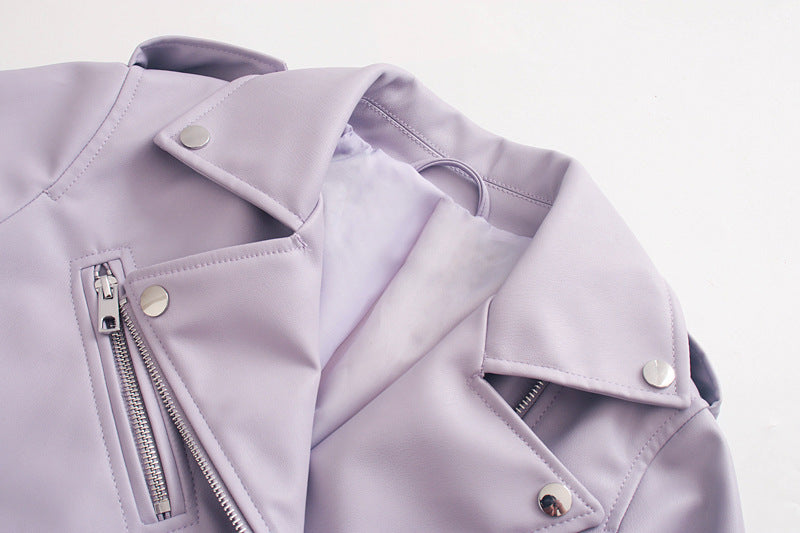 Women's Belted Motorcycle Jacket - Street Hipster Faux Leather Coat with Suit Collar (Black/Purple/Beige, XS-L)