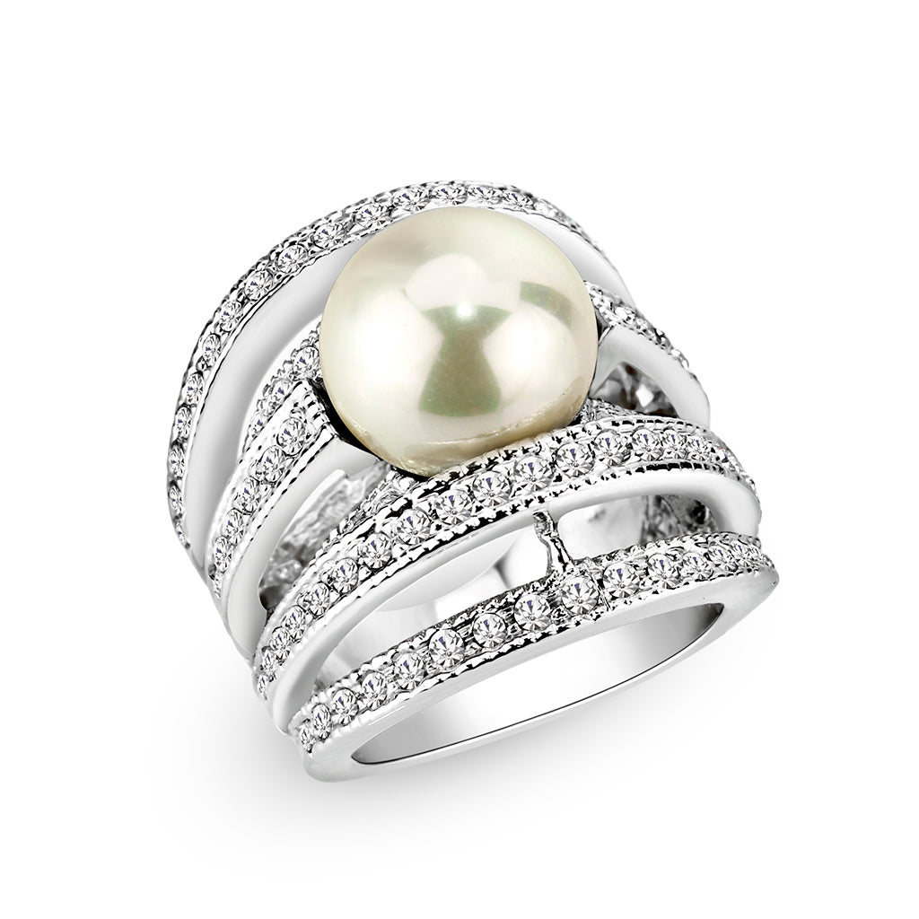 LO5W242- Brass Ring With Pearl in White Rhodium Plated