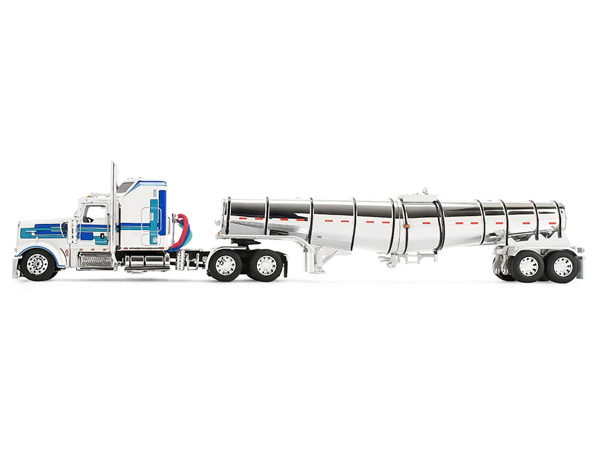Kenworth W900L with 60" Aerodyne Sleeper and Polar Deep Drop Trailer White with Blue and Green Stripes 1/64 Diecast Model by DCP/First Gear