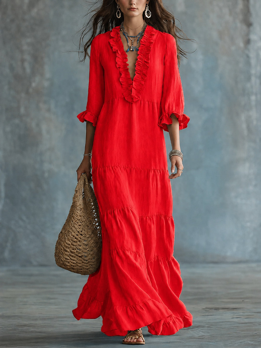 Womens V-neck Layered Casual Flowing Maxi Dress With Ruffled Hem