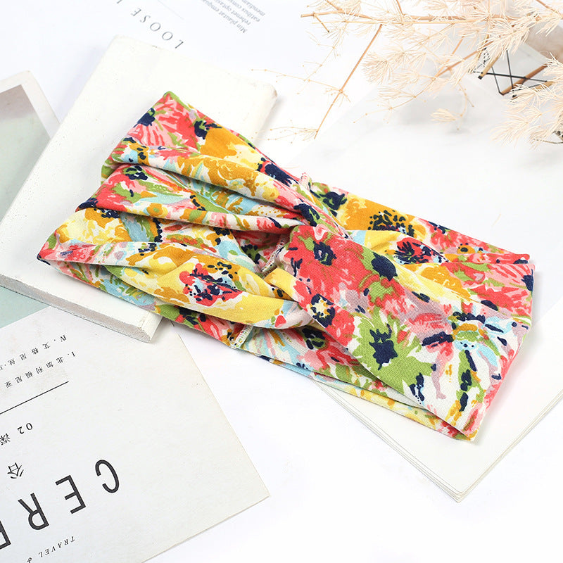 Sweat-absorbent And Anti-perspirant Bundled Headband With Wide-brimmed Print Headband