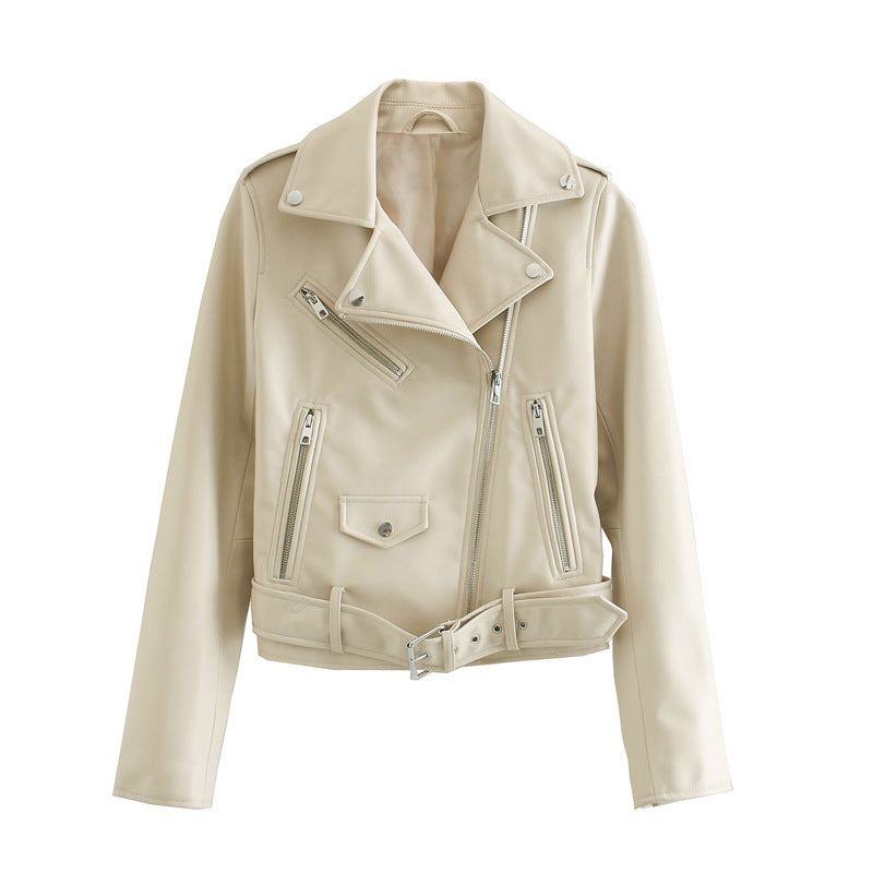 Women's Belted Motorcycle Jacket - Street Hipster Faux Leather Coat with Suit Collar (Black/Purple/Beige, XS-L)