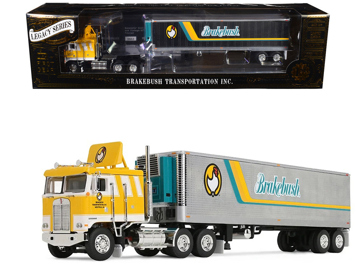 Kenworth K100 COE Flat Top and 40' Vintage Trailer with Reefer "Brakebush" Yellow with White Grpahics "Legacy Series #6" 1/64 Diecast Model by First Gear