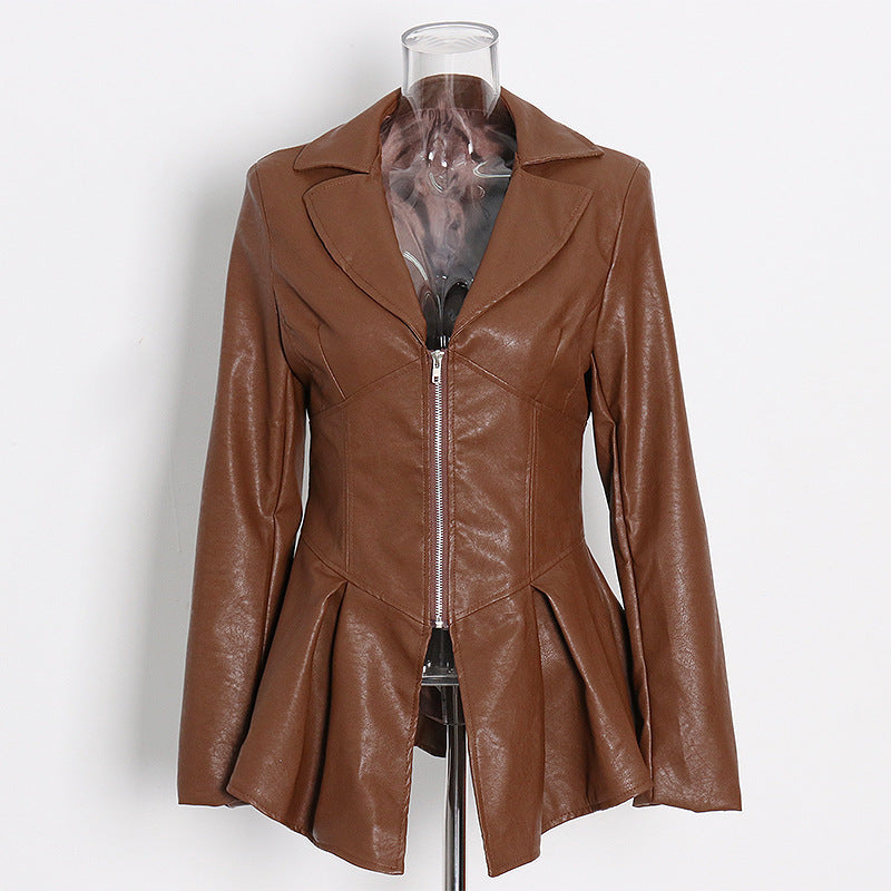 Women's Ruffled Hem PU Leather Jacket - Slim-Fit Motorcycle Style Coat with Suit Collar (Polyester/Spandex Blend)