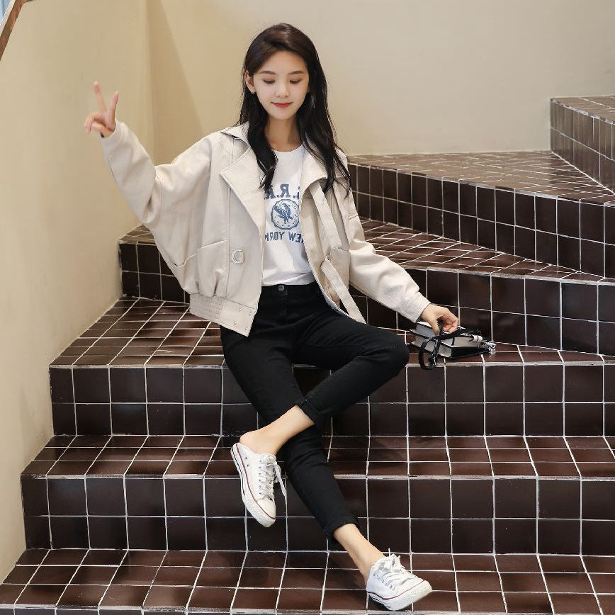 Leather Clothing All-match Beige Loose Motorcycle Jacket