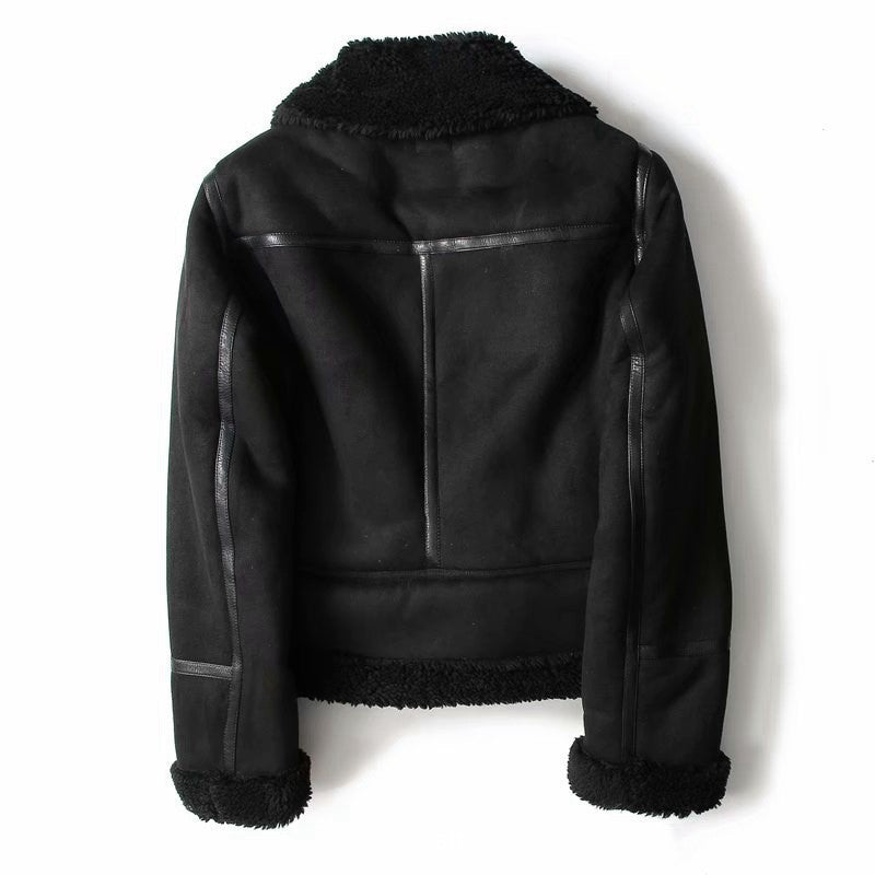 Women's Winter Suede Motorcycle Jacket - Lamb Wool Lined Lapel Coat in Black & Khaki