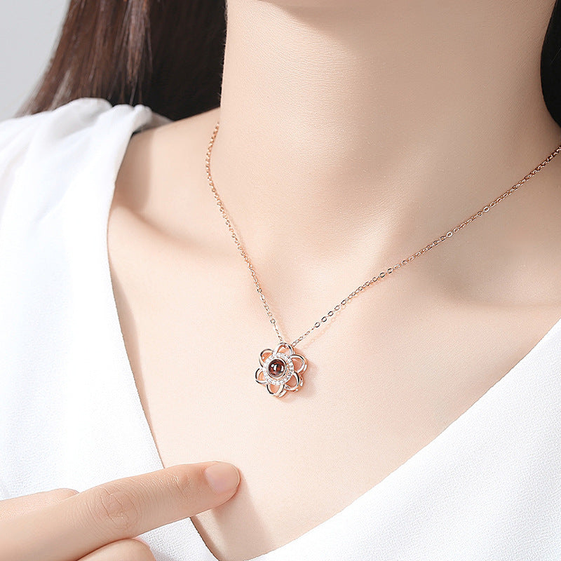 925 Sterling Silver Love Necklace, Memory In Languages, Cherry Blossom Pendant Necklace