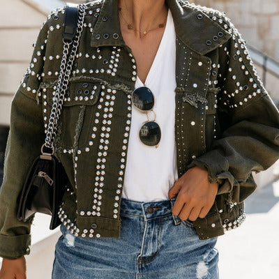 Washed denim rivet jacket street fighter motorcycle style