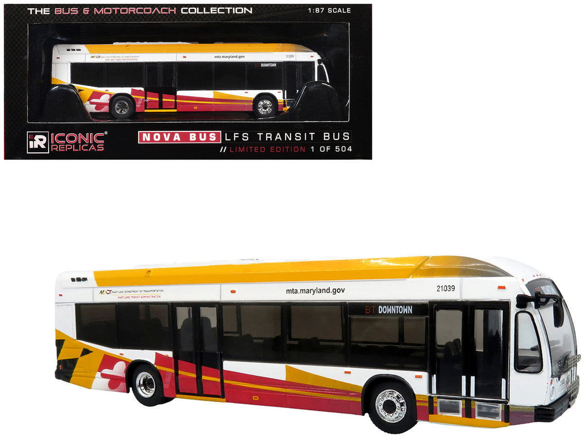 Nova Bus LFSH Hybrid Transit Bus "MTA Maryland" White with Red and Yellow Graphics "The Bus & Motorcoach Collection" Limited Edition to 504 pieces Worldwide 1/87 (HO) Diecast Model by Iconic Replicas