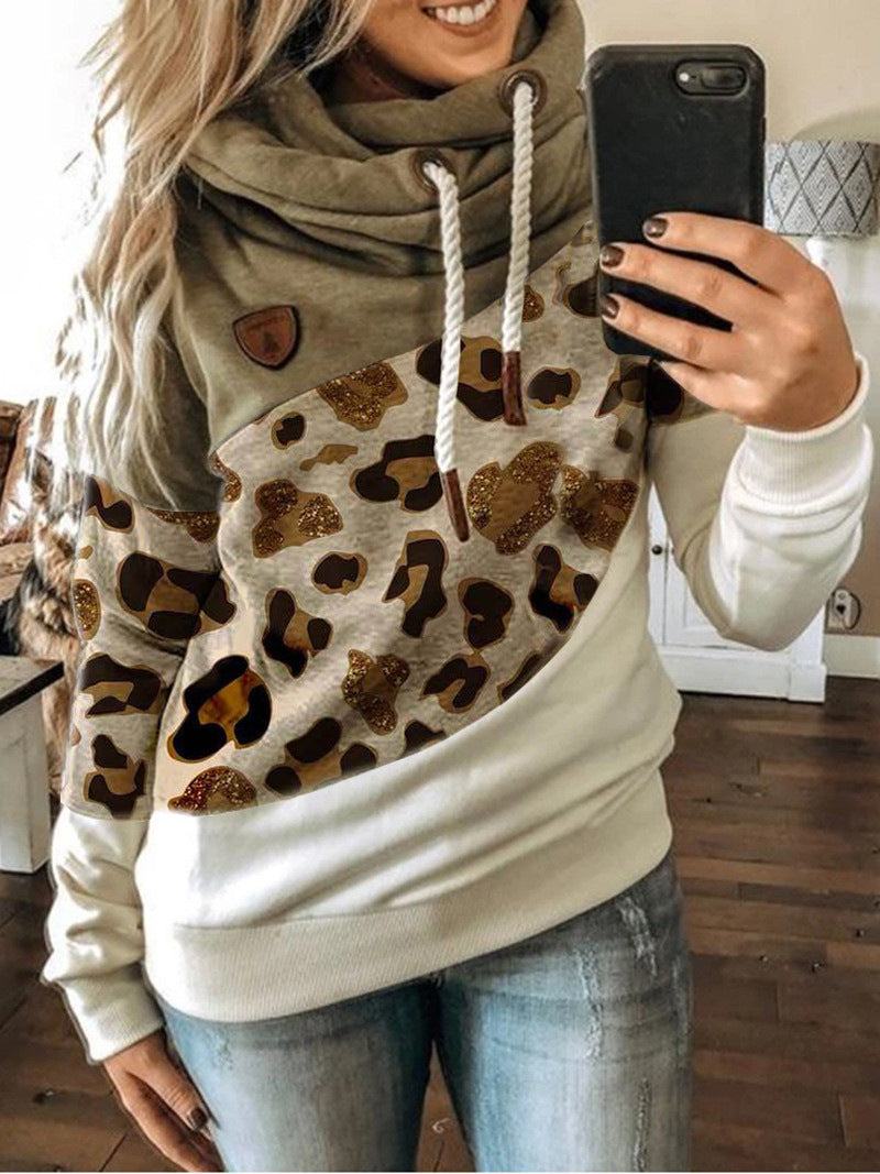 Printed stitching hooded fleece loose sweatshirt