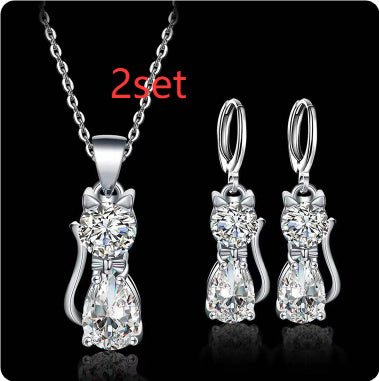 Cute Kitty Zircon Pendant Alloy Plated Silver Accessories Necklace