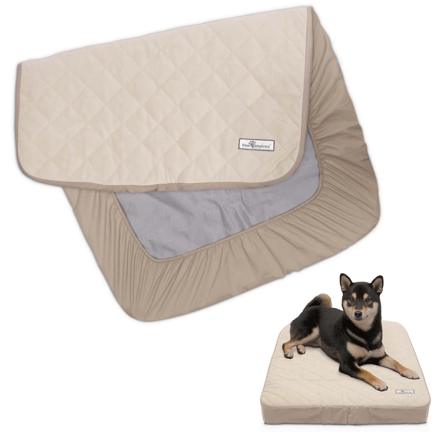 Paw Inspired Waterproof Fitted Cover for Dog Bed | Washable Bed Protector for Dog Mattress | Removable Replacement Cover for Small to Medium Pet Bed (Beige 34 x 23 x 5 Inch)
