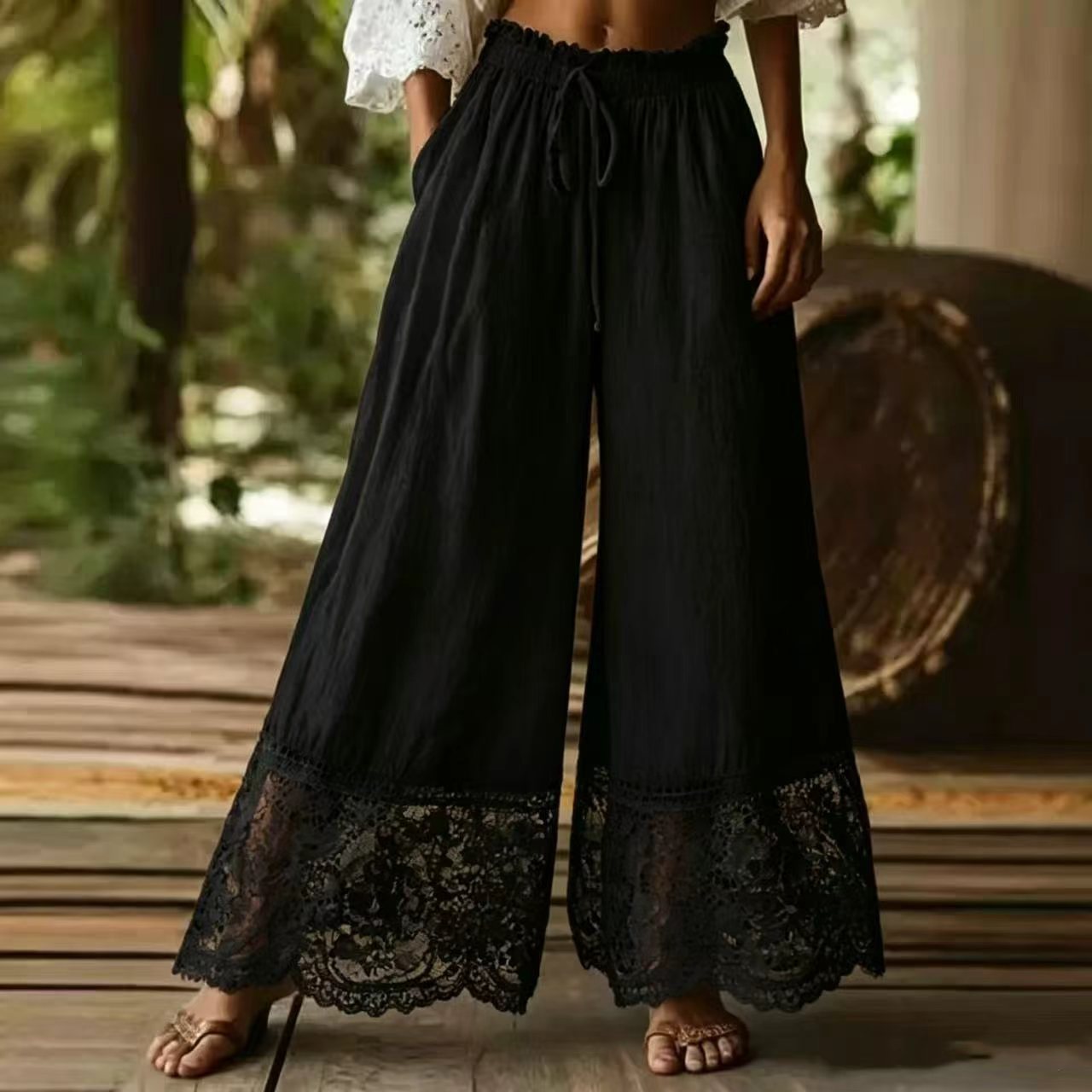 Fashionable Solid-Colored Lace-Trimmed Womens Pants
