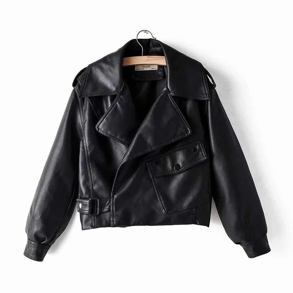 Women's PU Leather Motorcycle Jacket - Lapel Collar Street Style Biker Jacket (50-65cm Length)