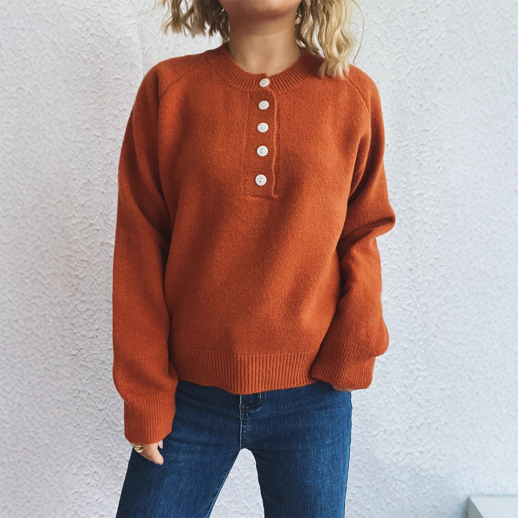 Women's Solid Color Buttons Casual Knitted Round Neck Long Sleeve Warm Sweater