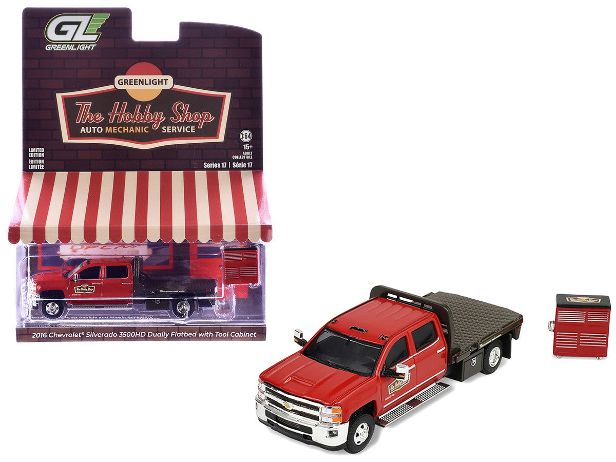 2016 Chevrolet Silverado 3500HD Dually Flatbed Truck "Hobby Shop Auto Mechanic" Red with Tool Cabinet "The Hobby Shop" Series 17 1/64 Diecast Model Car by Greenlight
