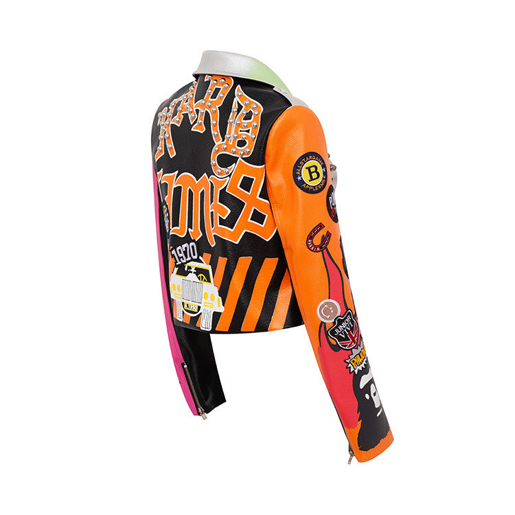 Punk Style Graffiti Printed Motorcycle Jacket for Women - Faux Leather Biker Coat with Beads & Rivets (Silver, S-XXXL)