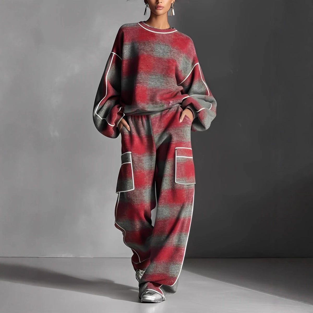 Women's Independent Brand Street Style Distressed Plaid Pantsuit With Contrasting Piping